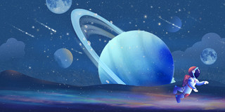 蓝色手绘卡通科技星空背景星球海报背景